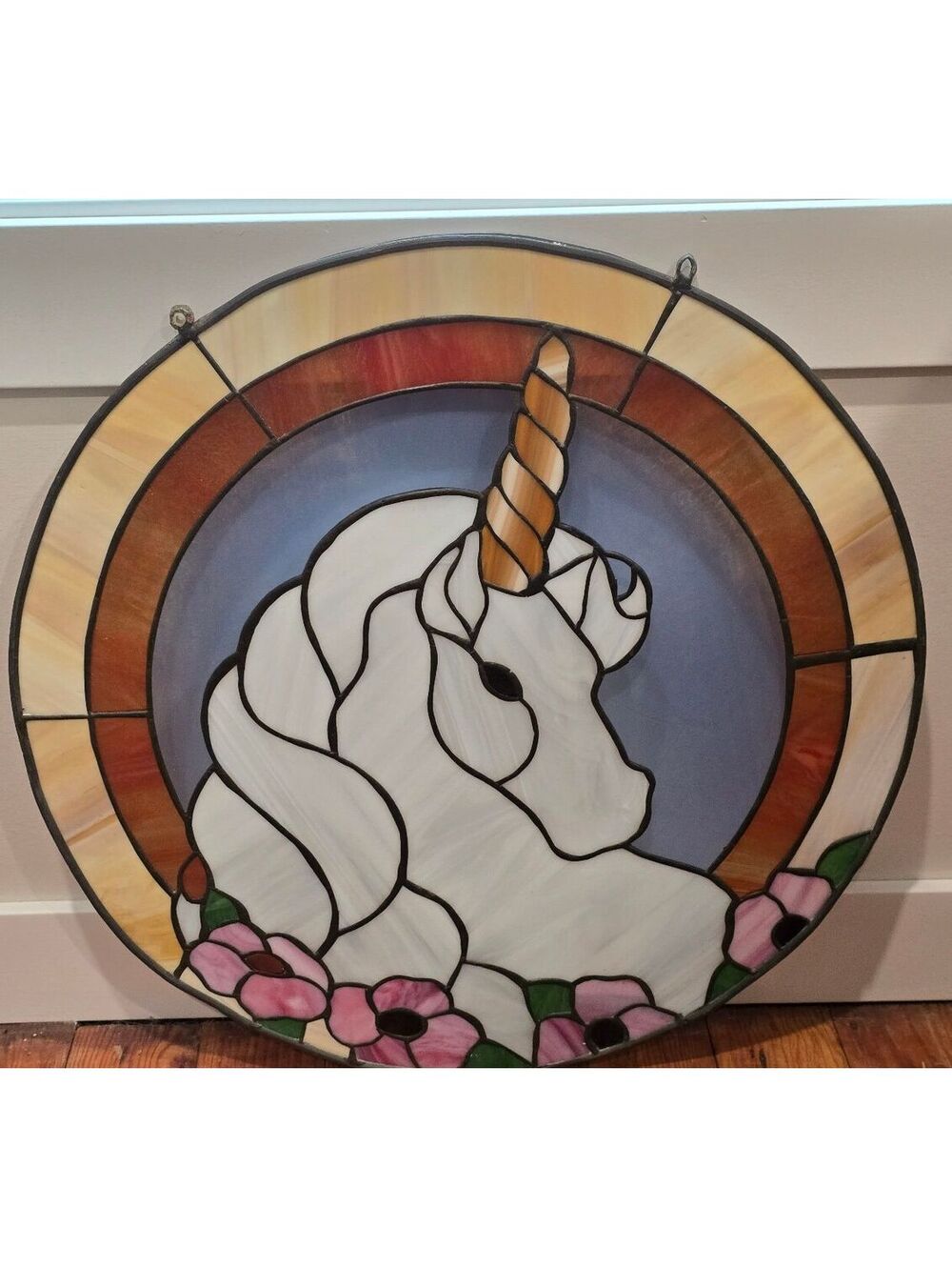 Stained Glass Unicorn Window Panel Pink Flowers 20.5" Artist Signed Crystal '80